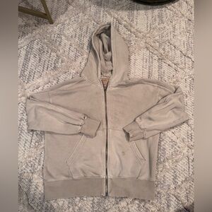 Zara Light Taupe Zip-Up Hooded Sweatshirt distressed size 11/12